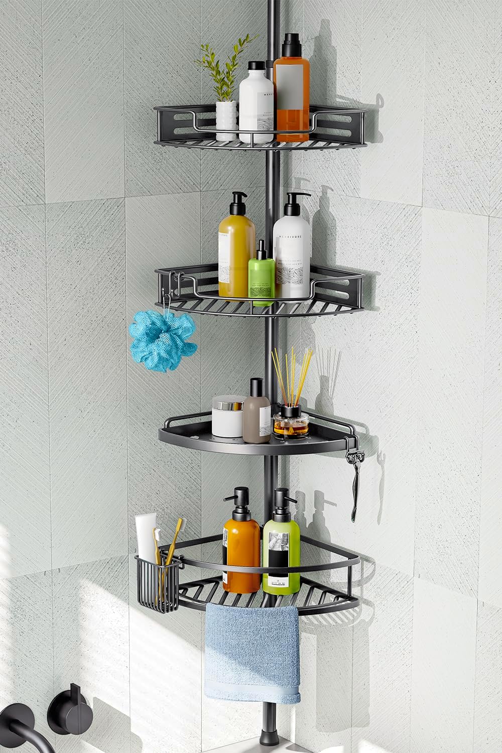 HAMITOR Corner Shower Caddy Tension Pole for Organized Bathrooms