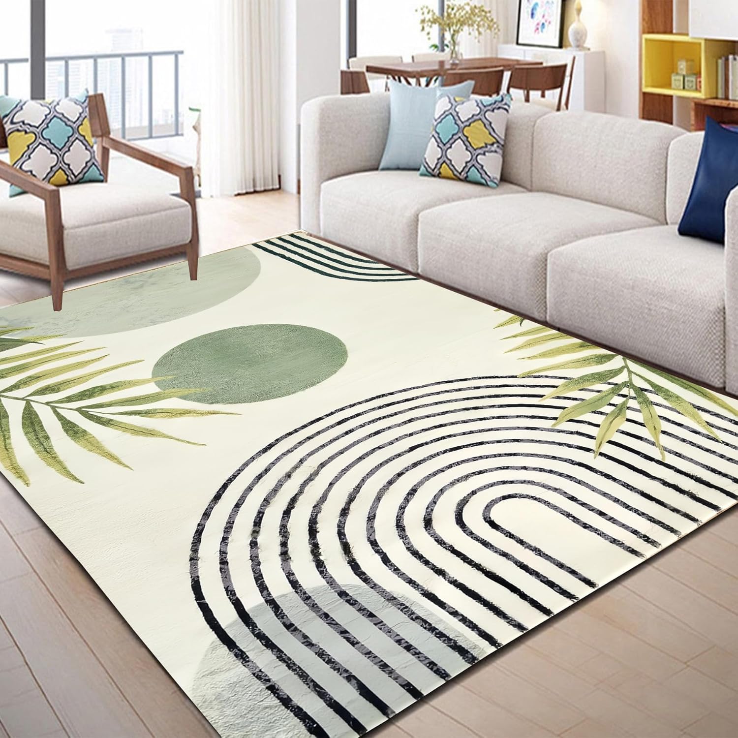 Modern Green Area Rug 4x6 Abstract Tropical Leaves Design