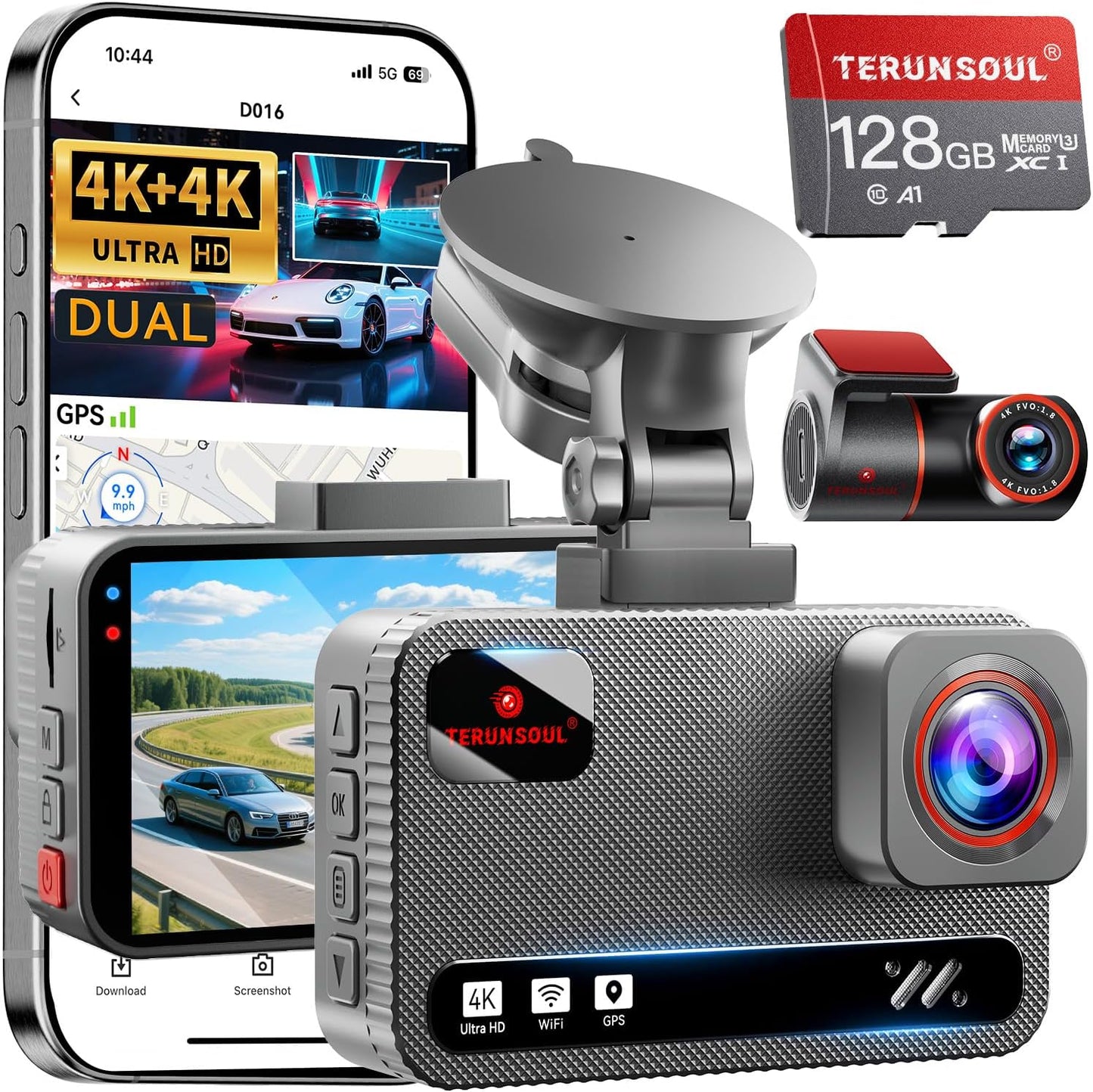4K Dash Cam Front and Rear with Free 128GB Card and GPS
