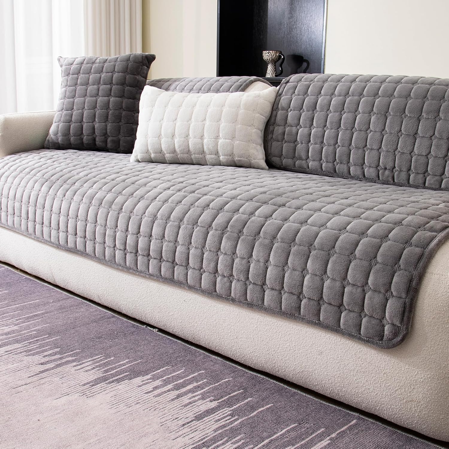 Velvet Couch Cover for 3 Cushion Sofa - Dark Grey Slipcover