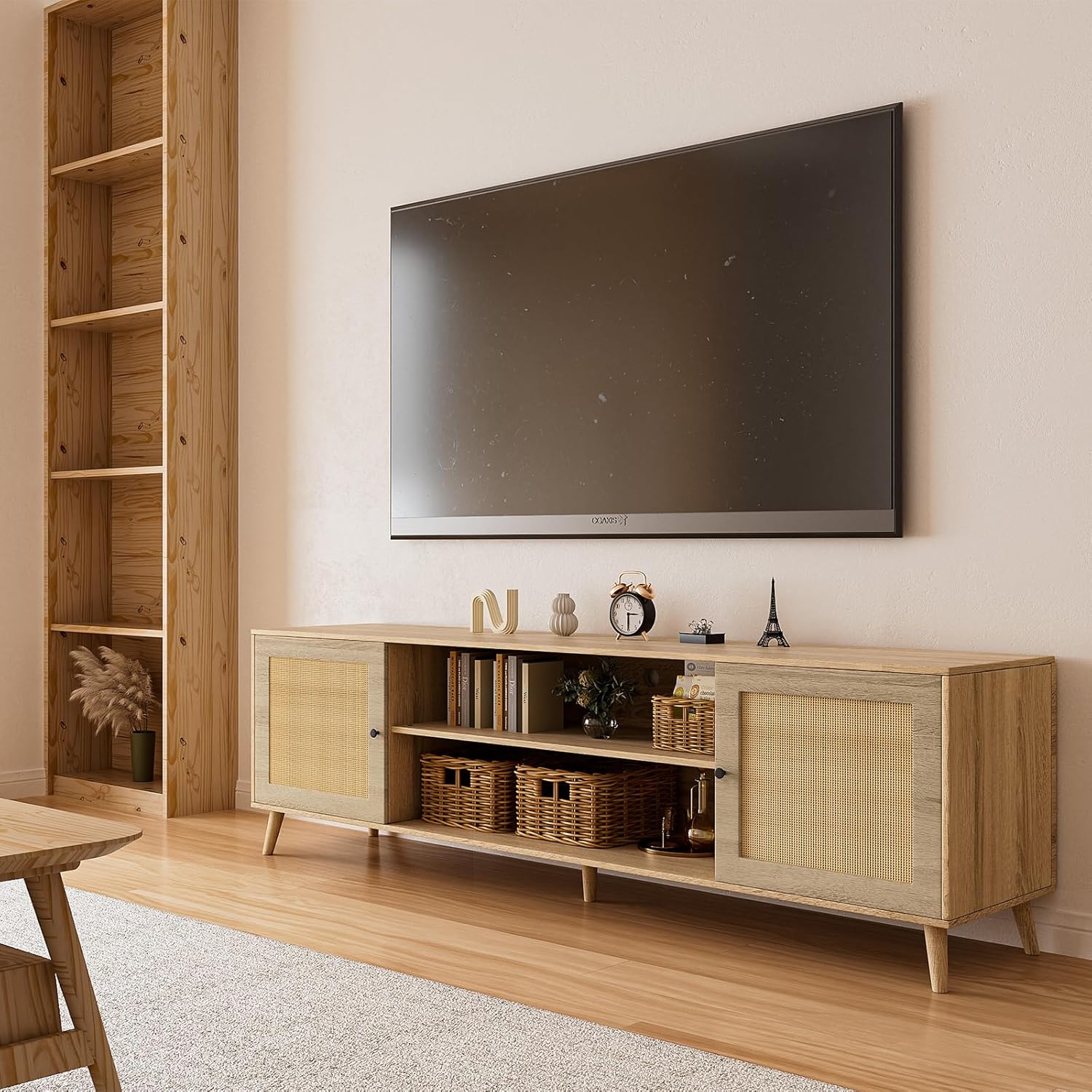 Mid Century Modern Rattan TV Stand - Adjustable Shelf, 2 Cabinets