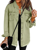 Womens Oversized Button Up Frayed Hem Denim Shacket - Casual Layer