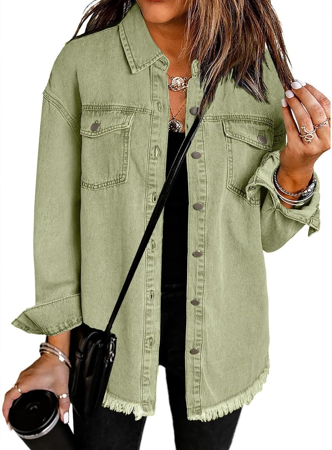 Oversized Button Up Frayed Hem Shacket for Women - Denim Jacket