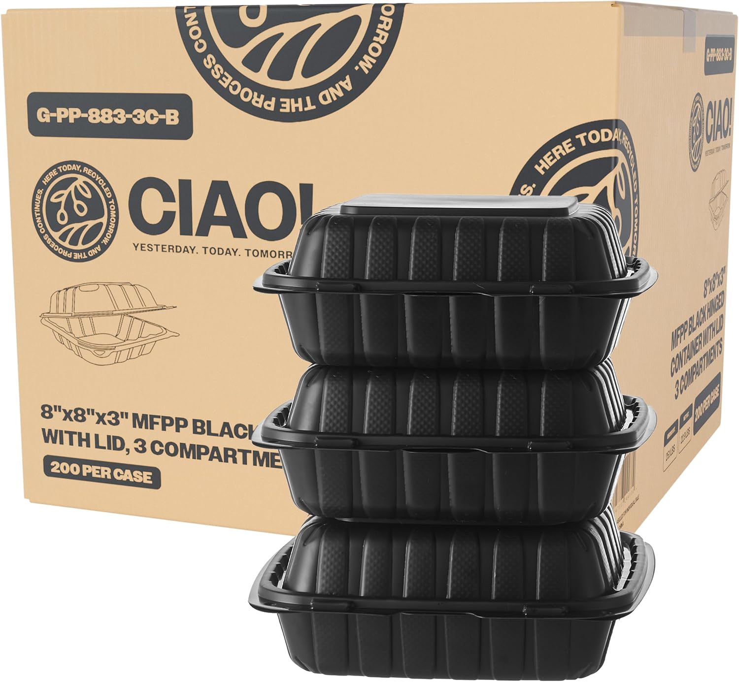 CIAO! 8x8x3 MFPP Black Hinged Container for Takeout Meals