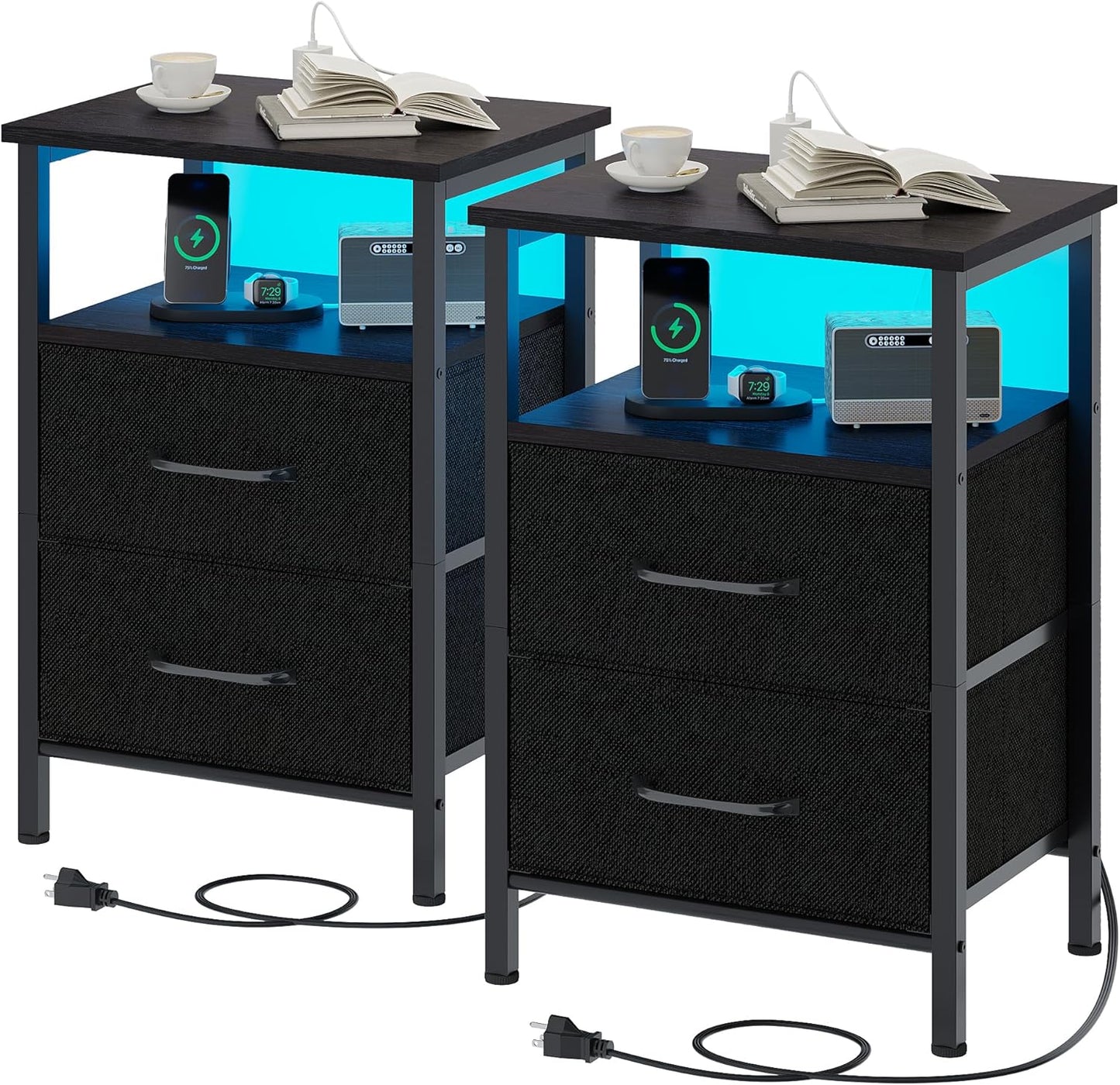 Nightstands Set of 2 with Charging Station and LED Lights