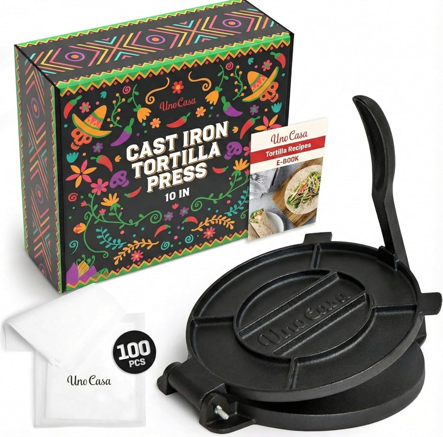 Uno Casa 10 Inch Cast Iron Tortilla Press for Homemade Flatbreads