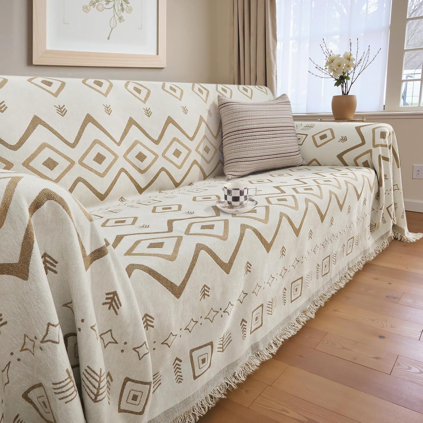 Lanffia Boho Couch Covers for 3 Cushion Sofa, Reversible Design