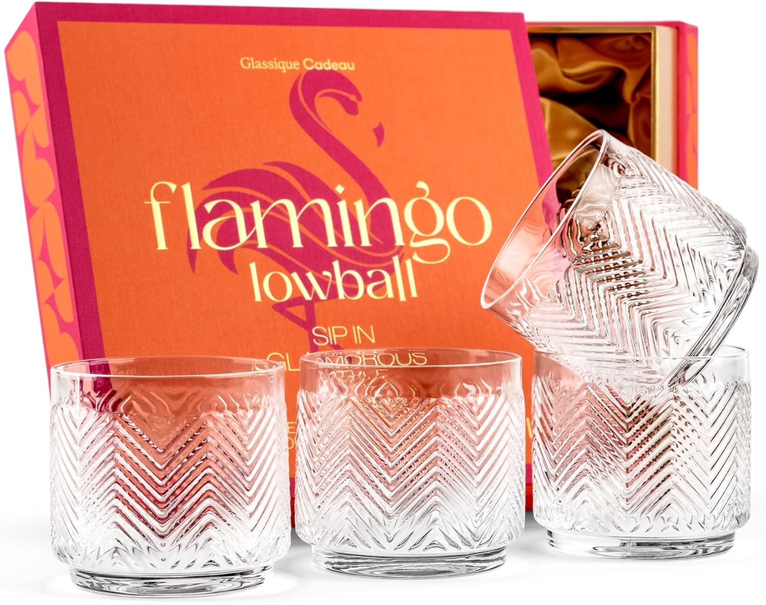 Set of 4 Stackable Flamingo Lowball Glasses | Tropical Chic | 11oz Crystal Tumblers