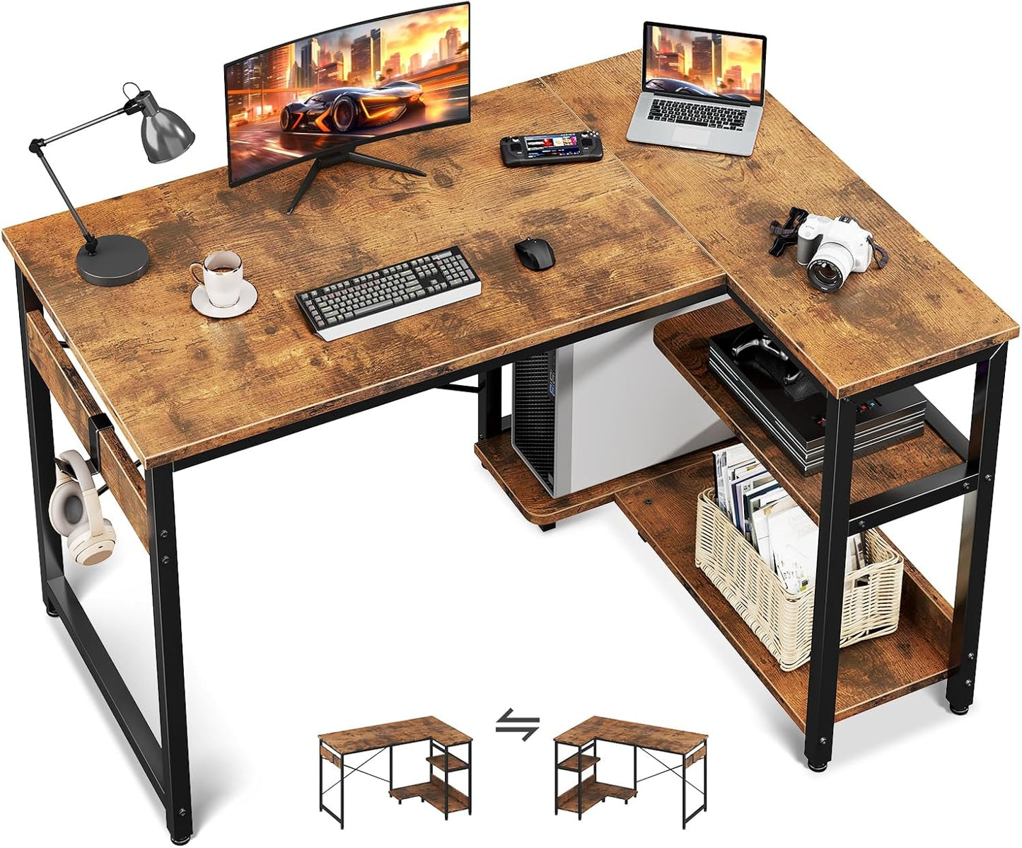 Compact L-Shaped Gaming Desk - Storage & Style!
