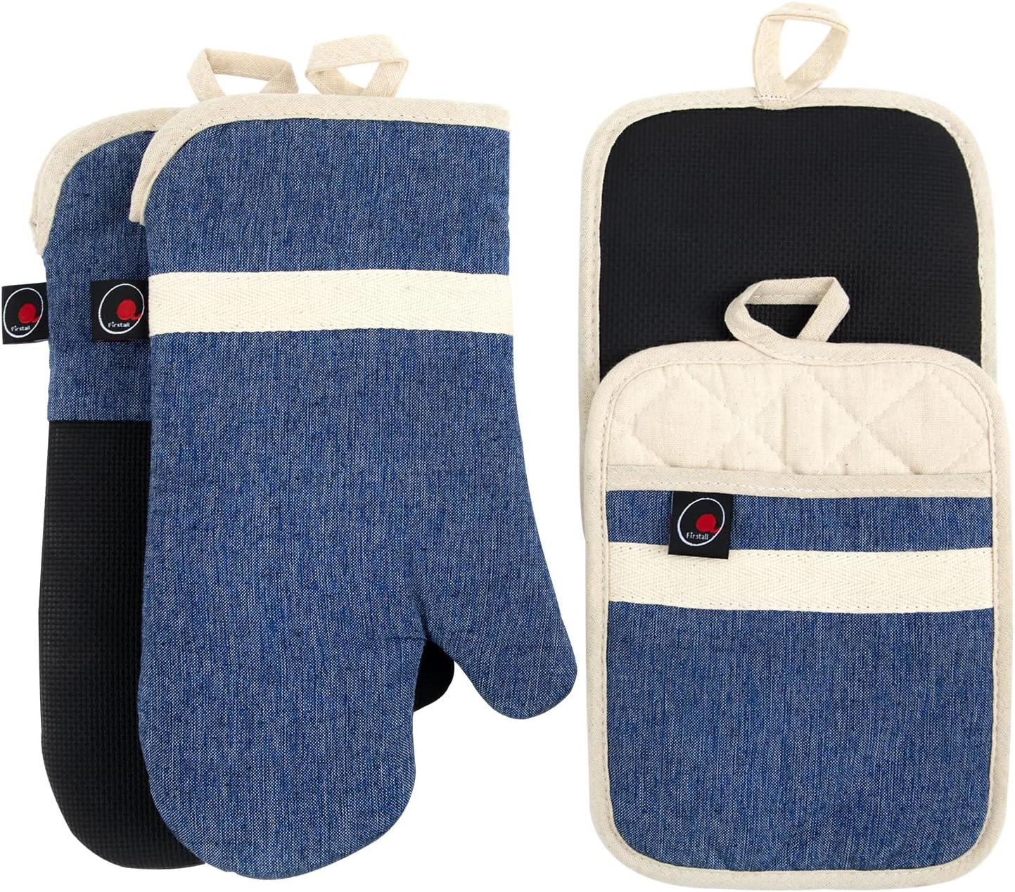 High Heat Resistant Oven Mitts Set - Non-Slip Neoprene for Cooking/Baking (Blue)