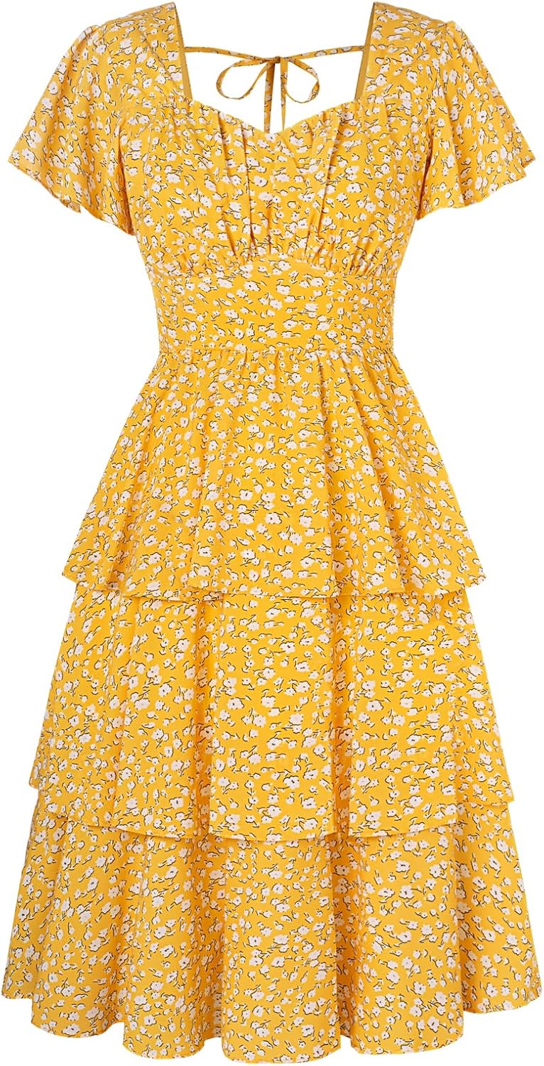 Belle Poque Women's Square Neck Tiered Ruffle Dress for Summer