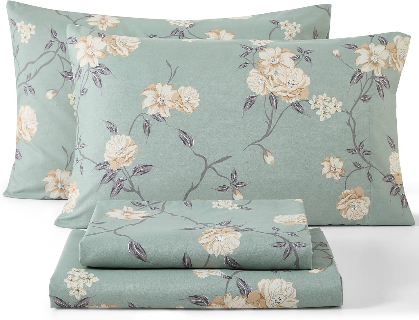 Vintage Green Floral Bed Sheets Set - Ultra Soft & Wrinkle Resistant