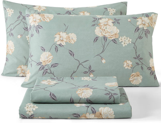 Vintage Green Floral Bed Sheets Set - Soft & Wrinkle Resistant