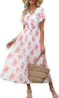Womens Summer Floral Maxi Dress Chiffon V Neck Short Sleeve