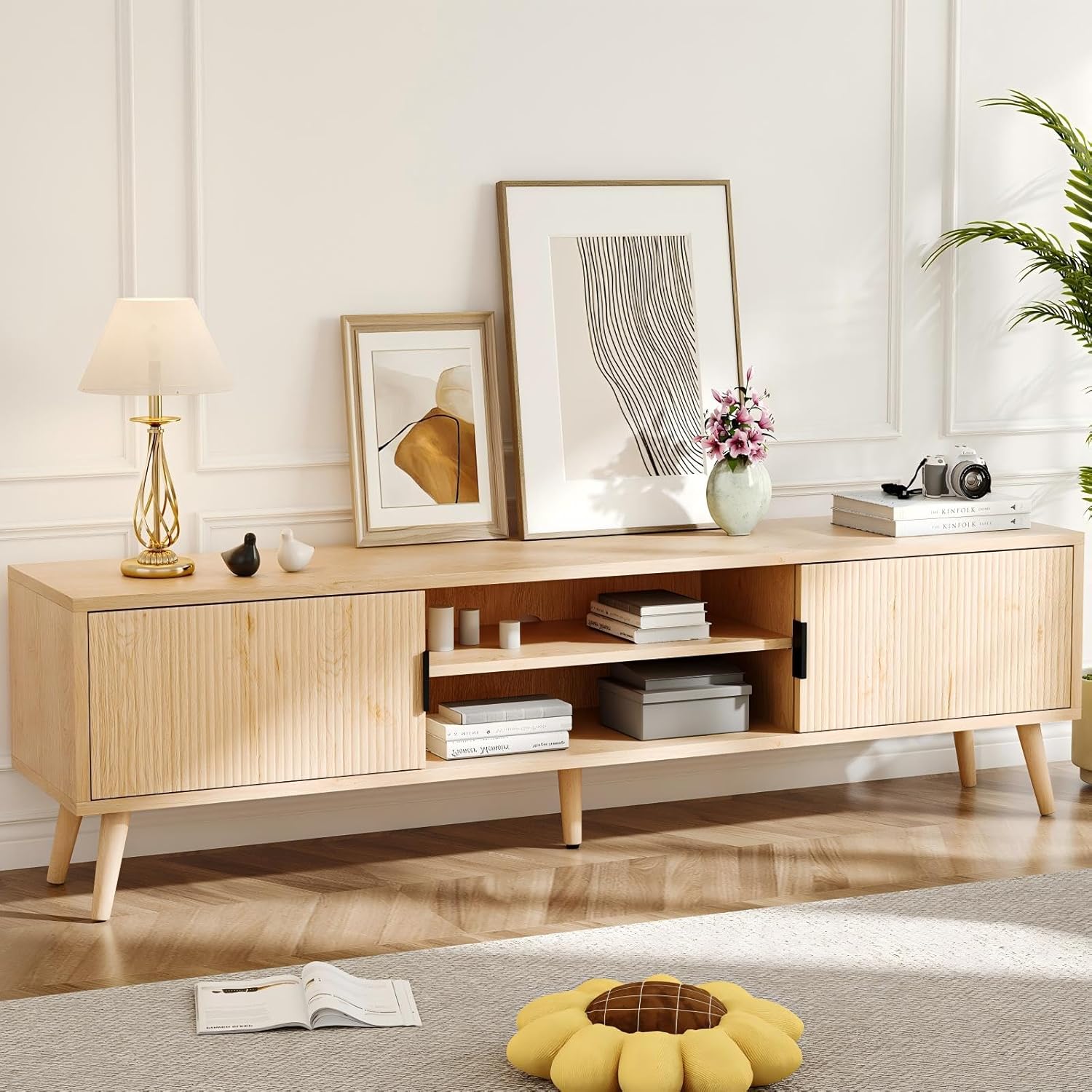 Mid Century Modern TV Stand with Storage, 70 TVs, 62, Natural