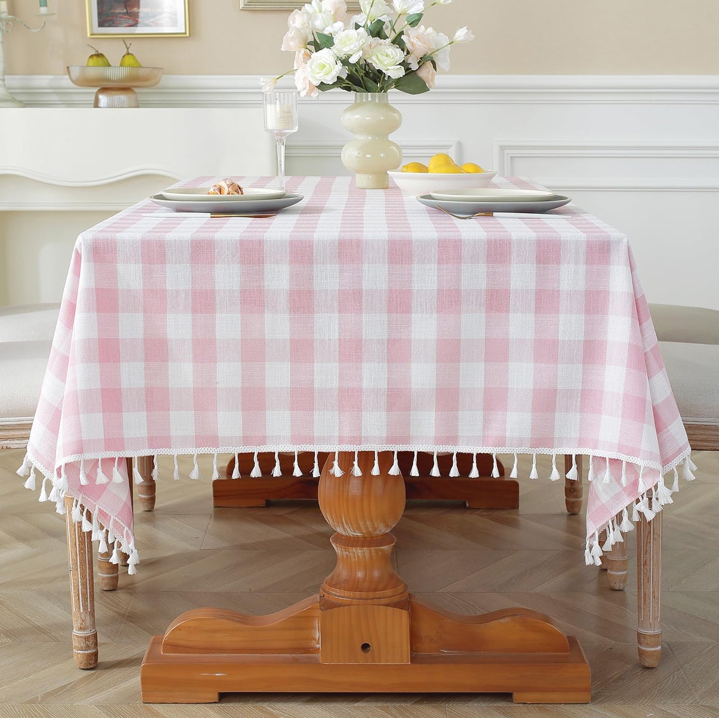 Pink Checkered Tablecloth Rectangle Washable with Tassels