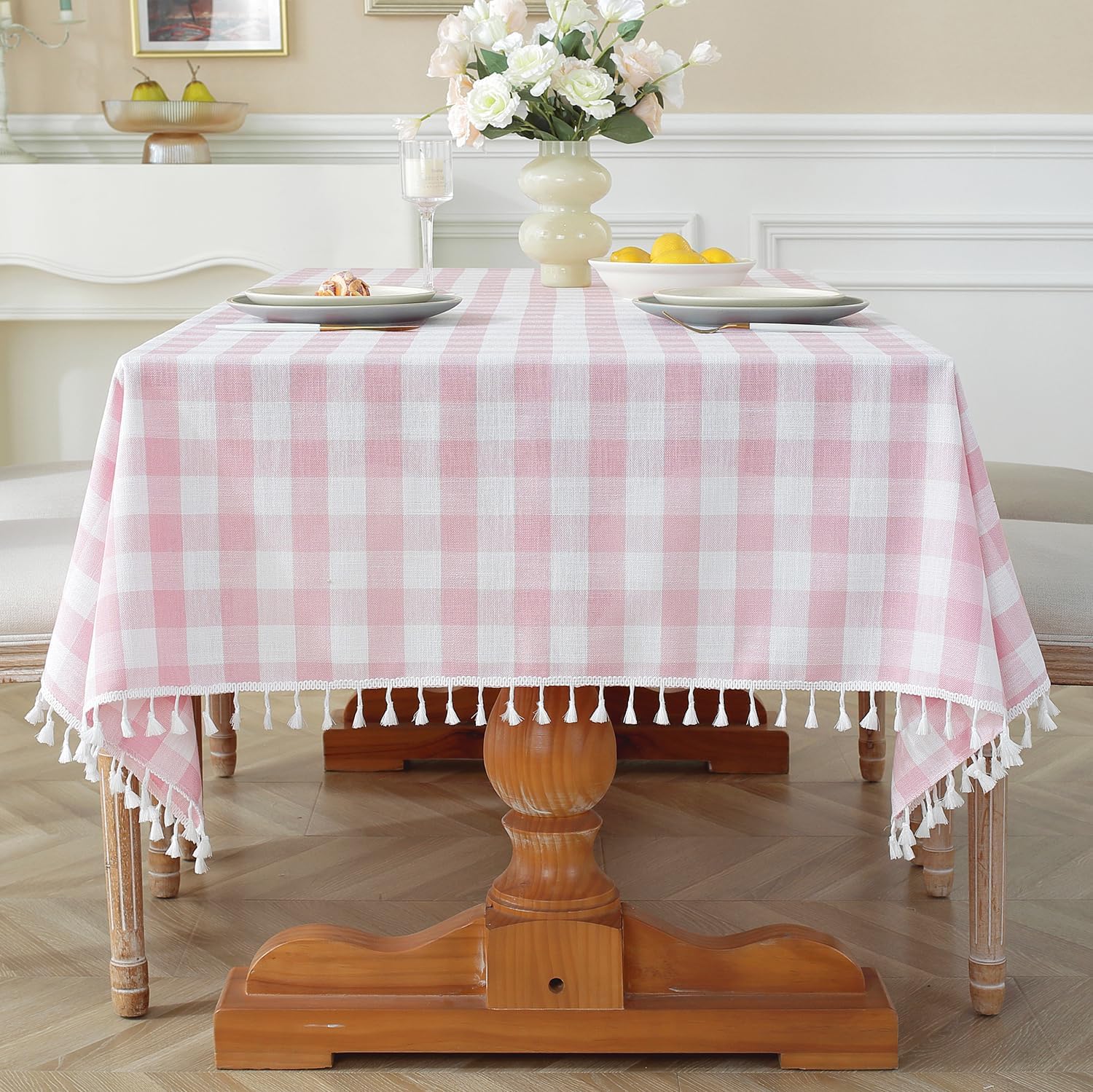 Pink Checkered Tablecloth Rectangle Washable with Tassels