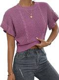 Ruffled Short Sleeve Round Neck Knitted Crop Top for Women
