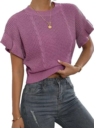 Ruffled Short Sleeve Round Neck Knitted Crop Top for Women