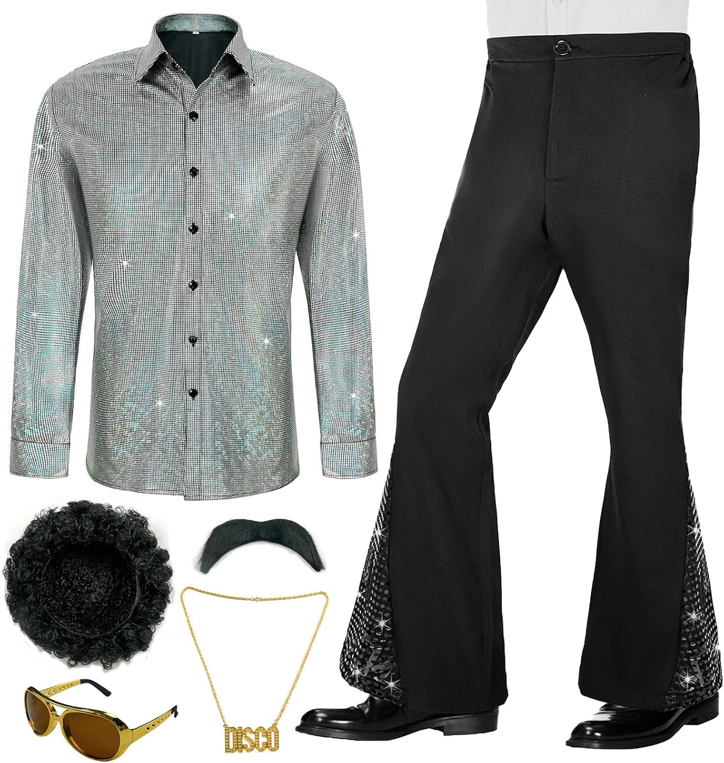 70s Outfits for Men Disco Costume with Bell Bottom Pants Set