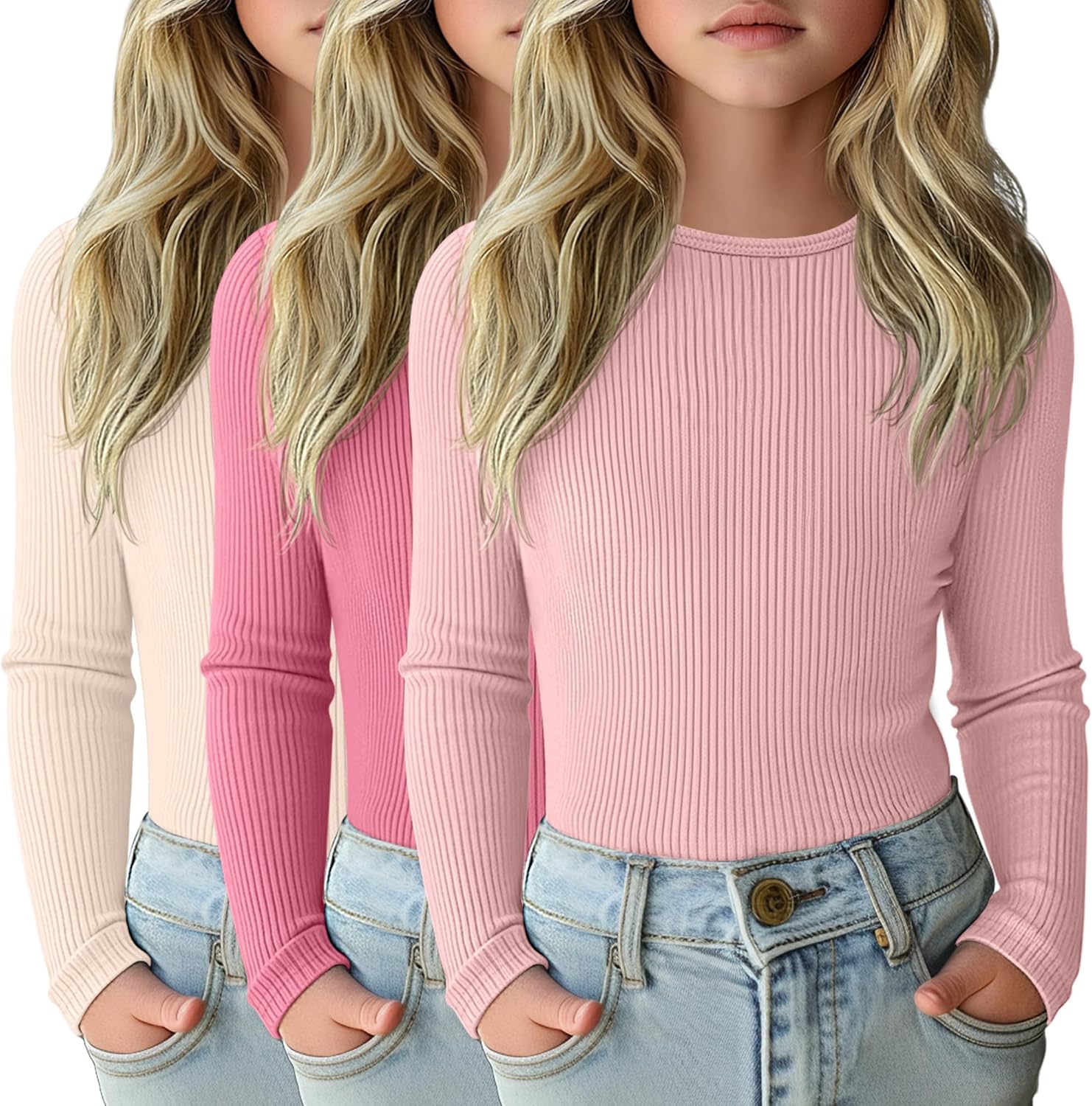 3 Pack Girls Long Sleeve Shirts for Casual Layering Tops