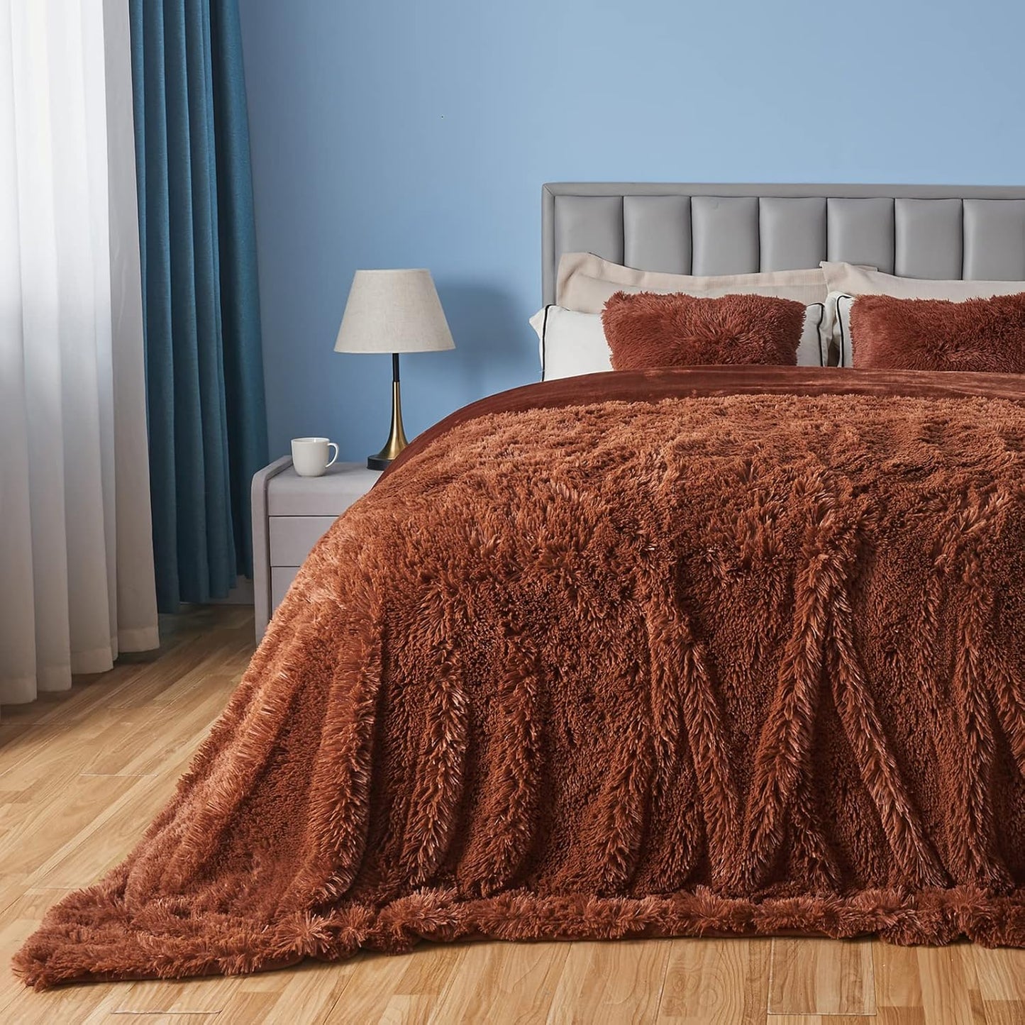 GONAAP Fuzzy Faux Fur Throw Blanket Queen Size Coffee