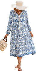 R.Vivimos Women's Long Sleeve Floral Bohemian Midi Dress - Soft