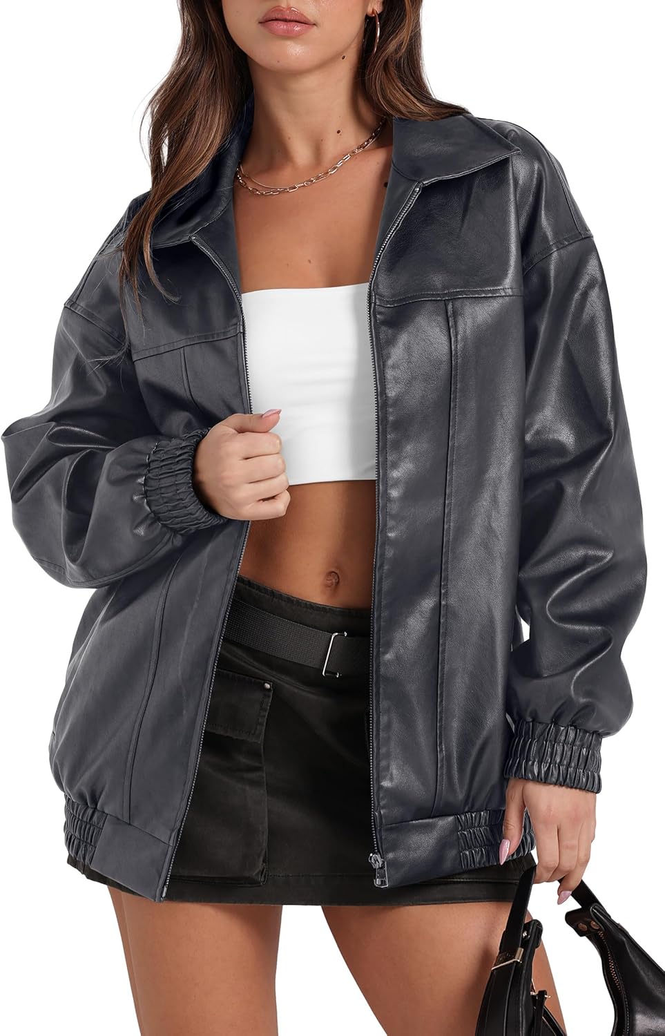Oversized Faux Leather Motorcycle Jacket for Women Fashion