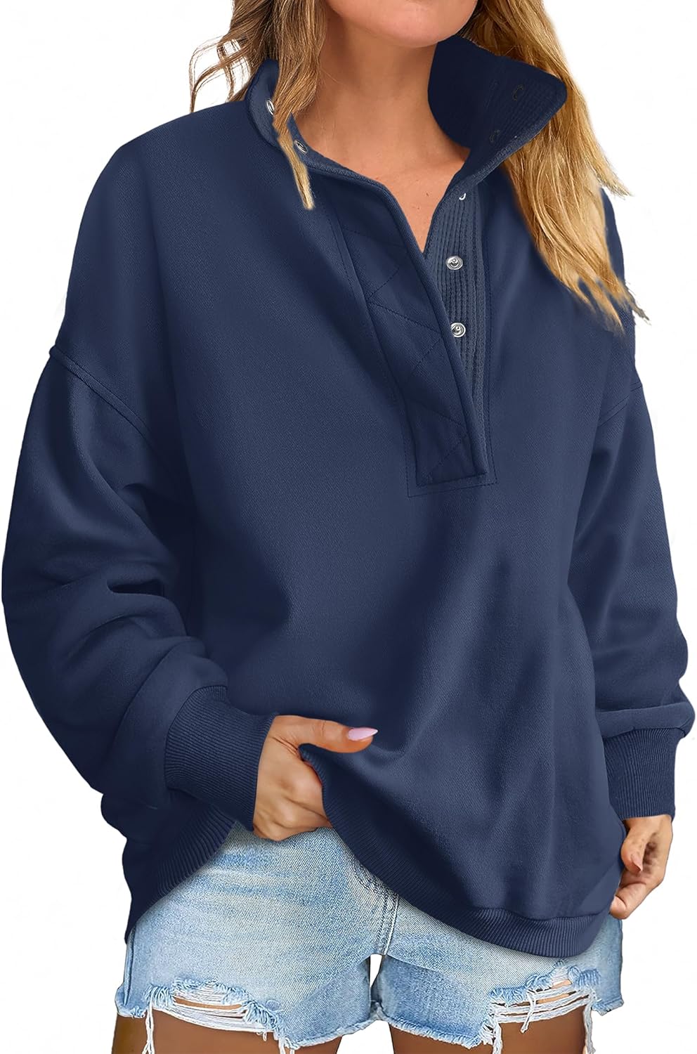 Oversized Sweatshirt for Women - Casual Henley Pullover Tops