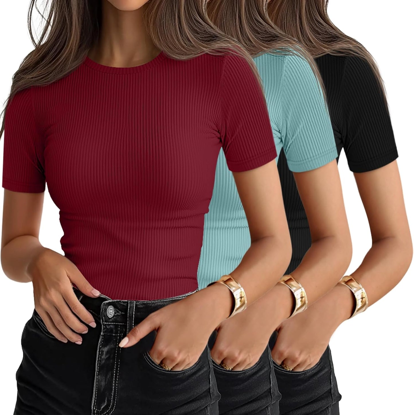 Ficerd 3 Pack Women's Ribbed T-Shirts for Summer Style