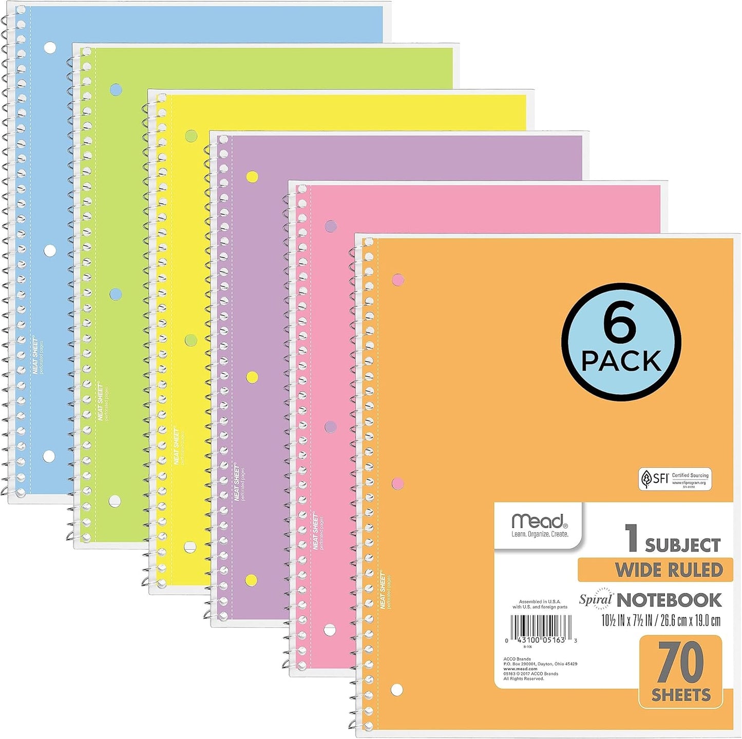Mead 6 Pack Spiral Notebooks, Wide Ruled, 70 Sheets, Assorted Pastel Colors