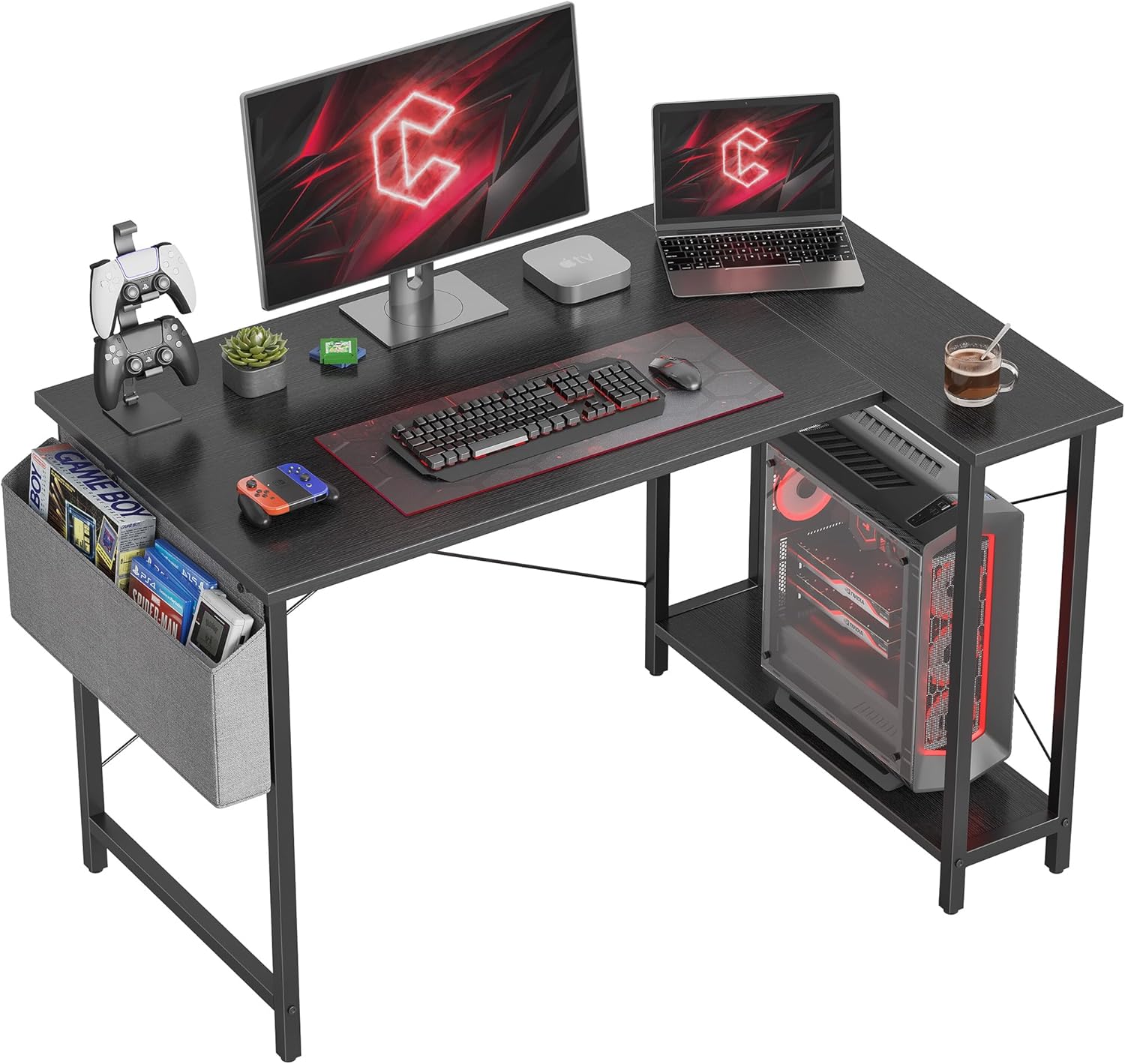 TENKIA Compact L Desk w/ Storage - Black