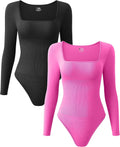 OQQ Women's Ribbed Square Neck Bodysuits 2-Pack - Soft Stretchy Fit