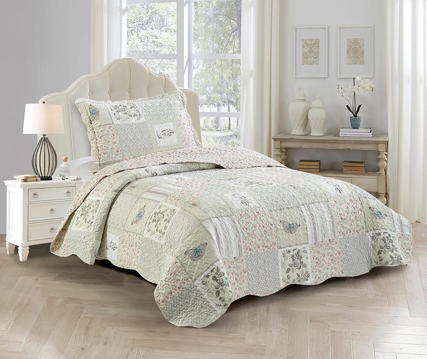 Brilliant Sunshine Grey Angel Pink Rose Patchwork Quilt Set