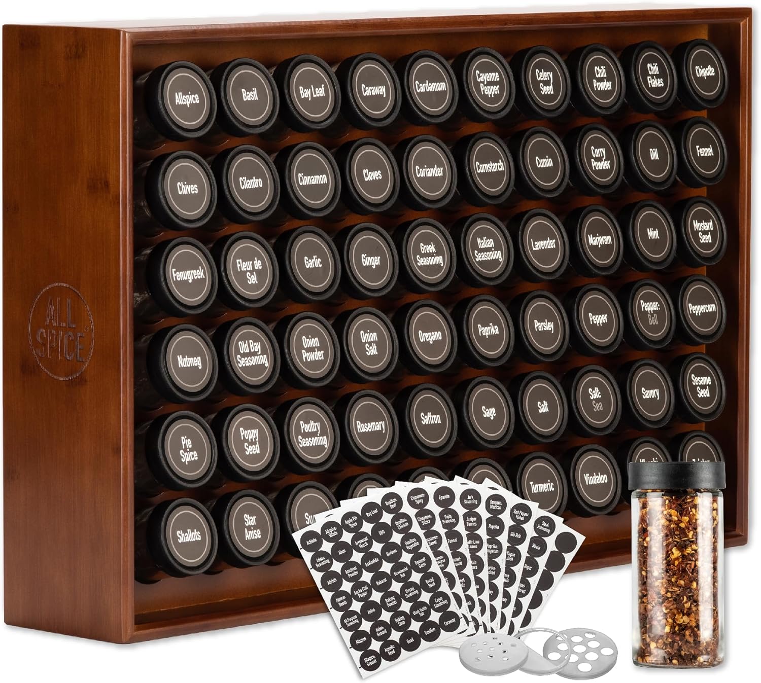 AllSpice Wooden Spice Rack Organizer with 60 Jars and Labels