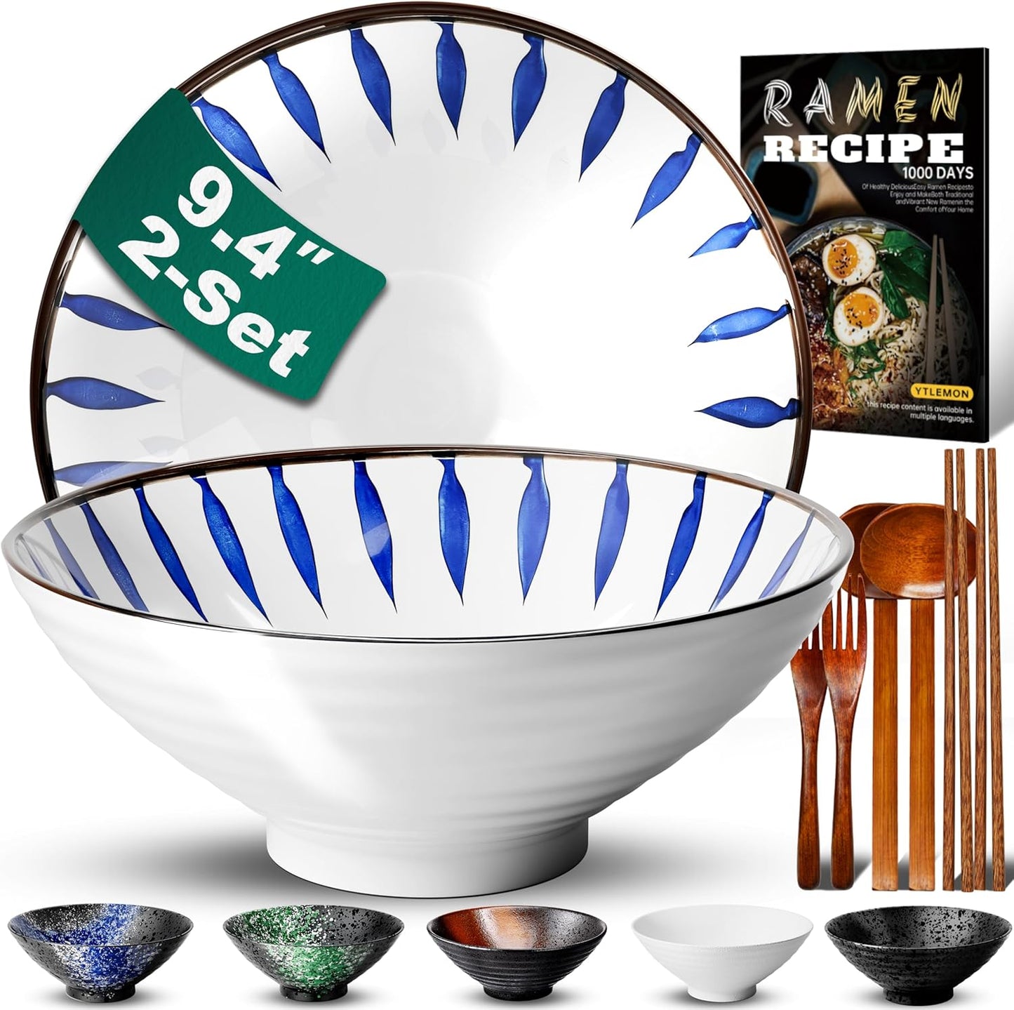 9.4Inch Ceramic Ramen Bowl Set of 2 for Noodles and Soup