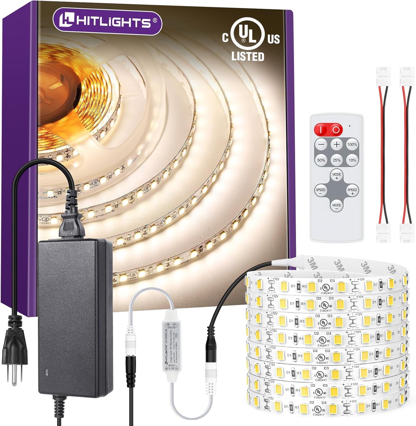 HitLights White LED Strip Lights Kit - Dimmable 16.4ft Tape Light