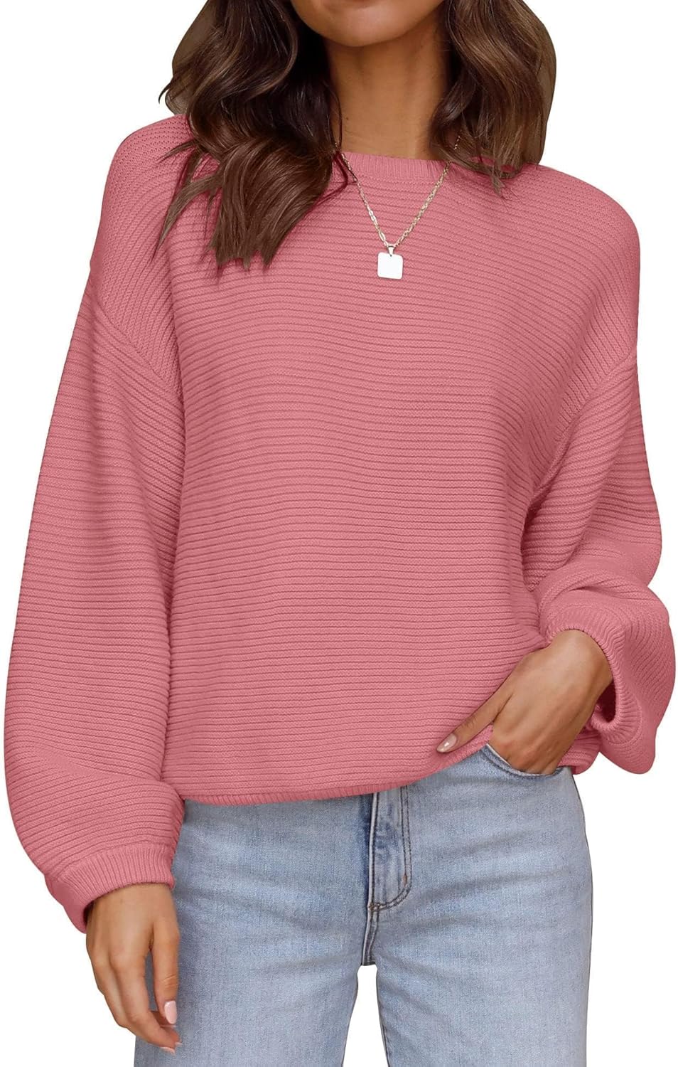 ZESICA Women's Crew Neck Long Lantern Sleeve Pullover Sweater
