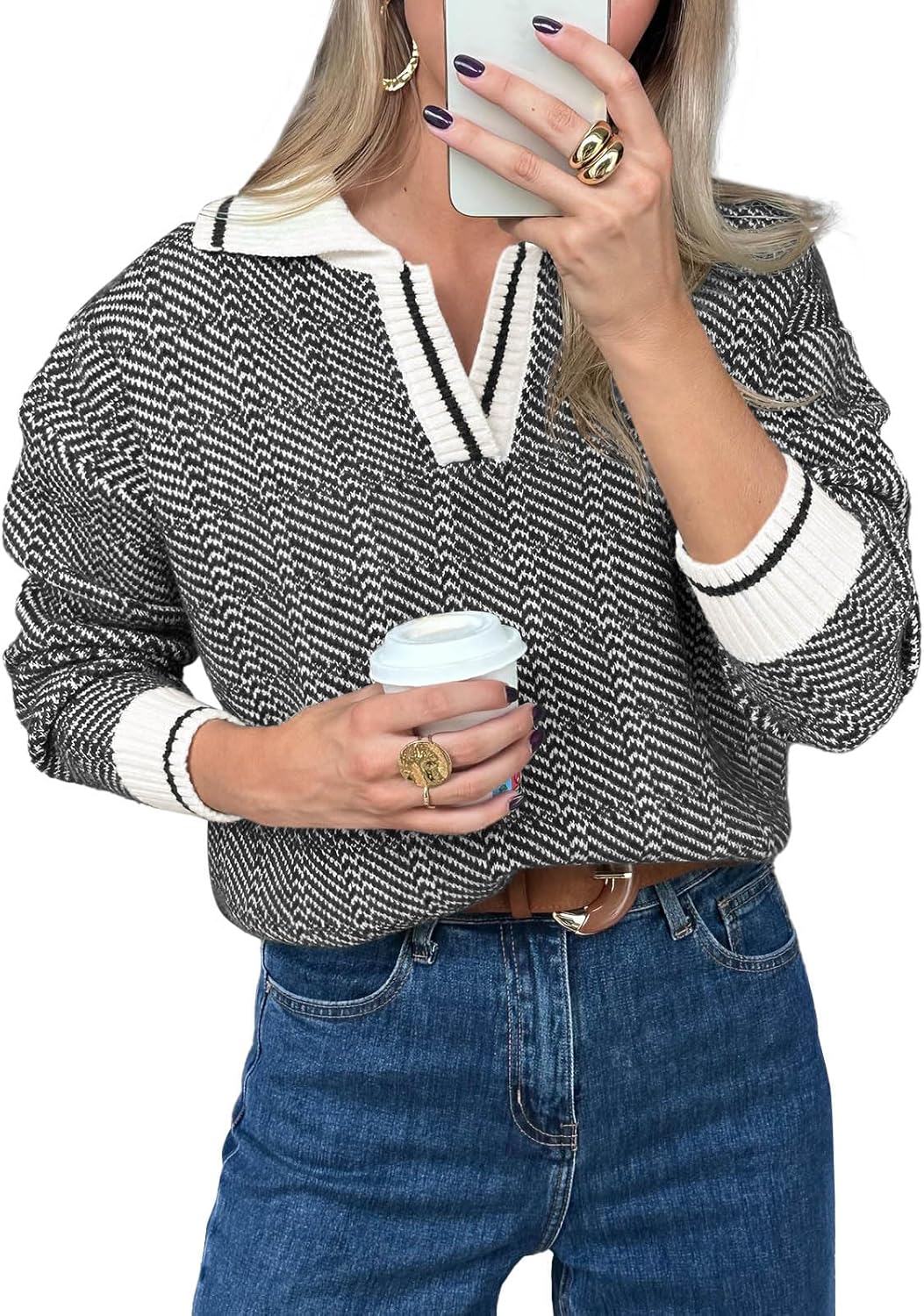 Saodimallsu Womens Fall Sweaters Tops V Neck Knit Pullover