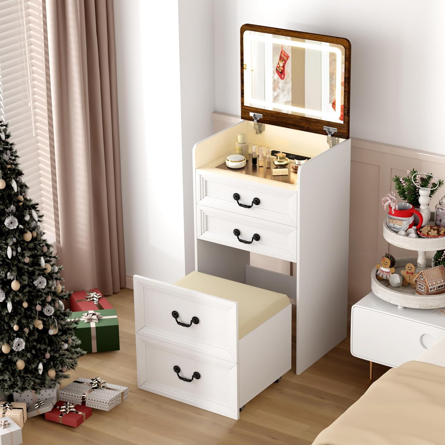 3-in-1 Vanity Desk: USB Charging, 3-Color Lighting! 
