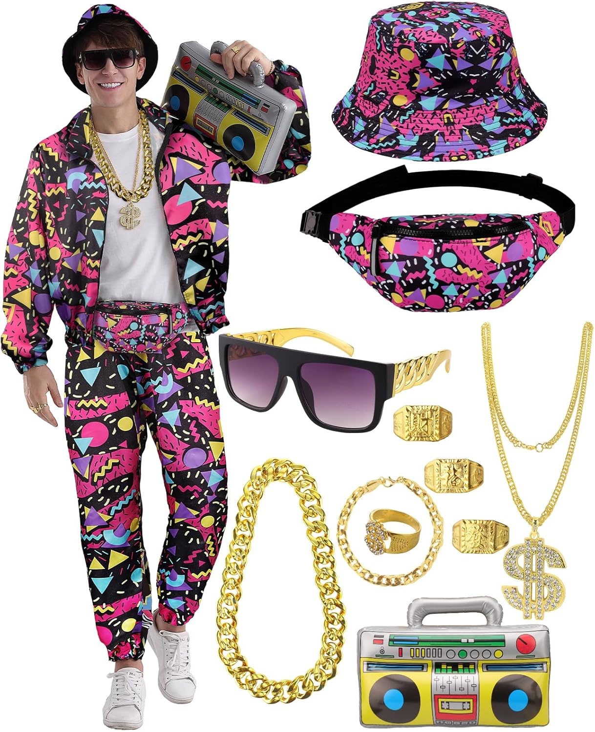 80s 90s Outfit for Men Tracksuit Costume with Accessories