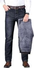 Fleece Lined Jeans for Men Stretch Winter Thermal Pants Business Men's