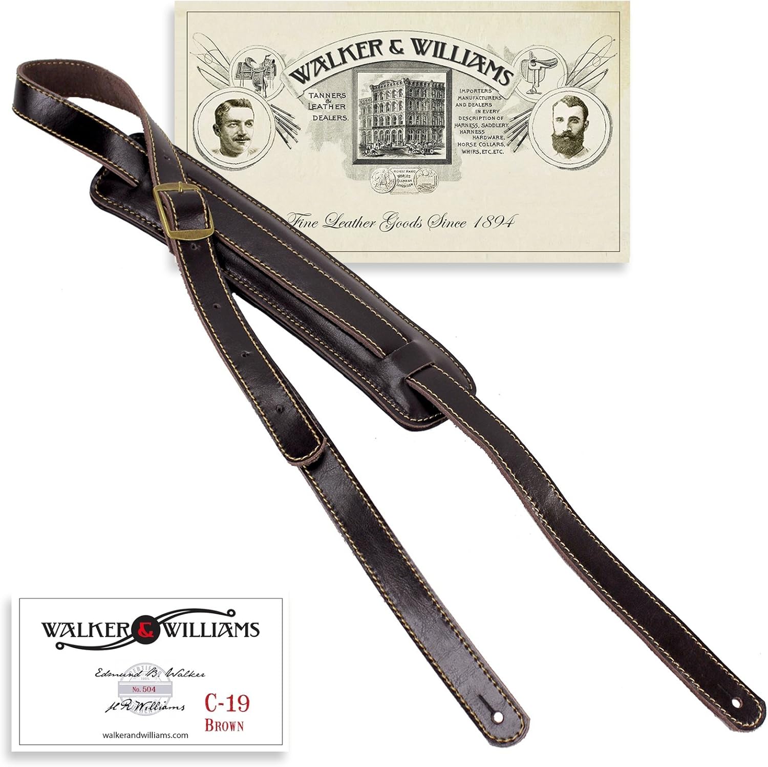 Walker & Williams C-19-BRN Vintage Style Guitar Strap for Musicians