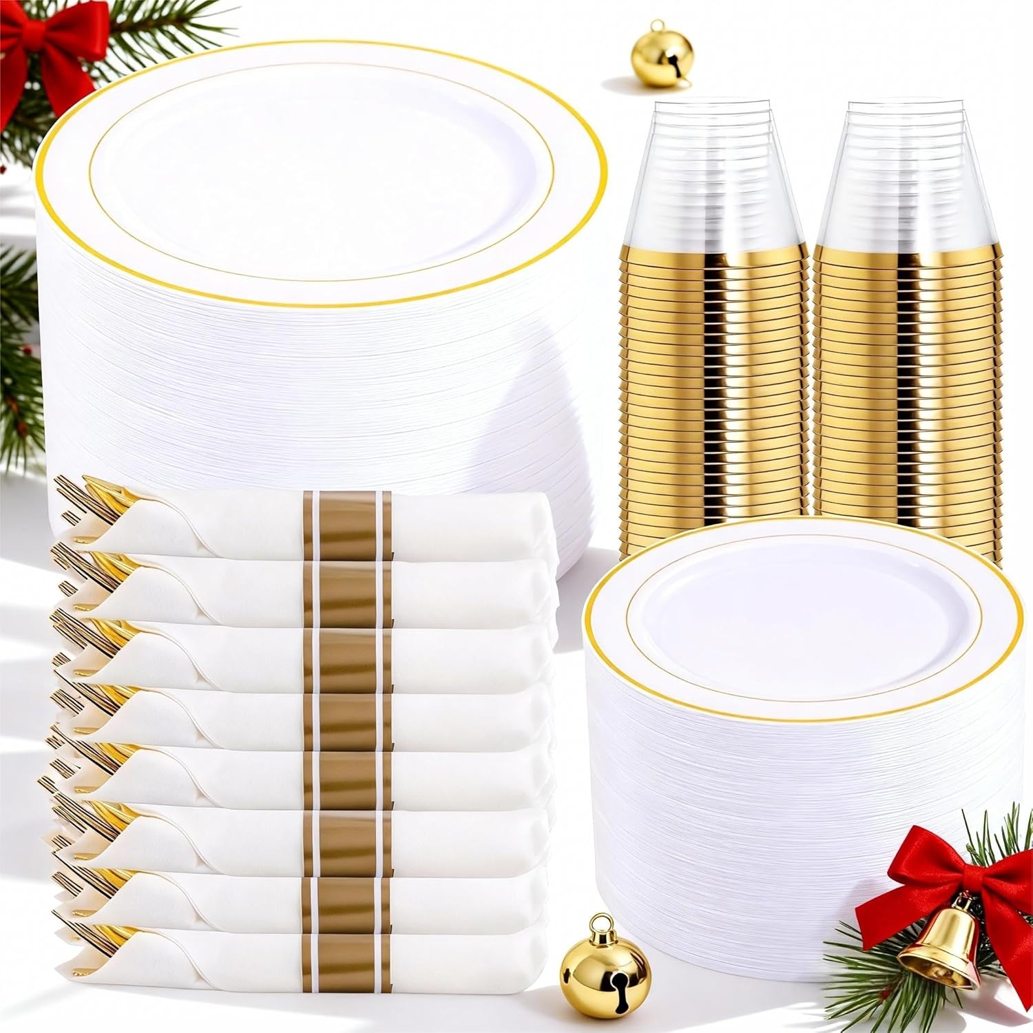 350PCS Gold Plastic Dinnerware Set for 50 Guests - Elegant & Durable