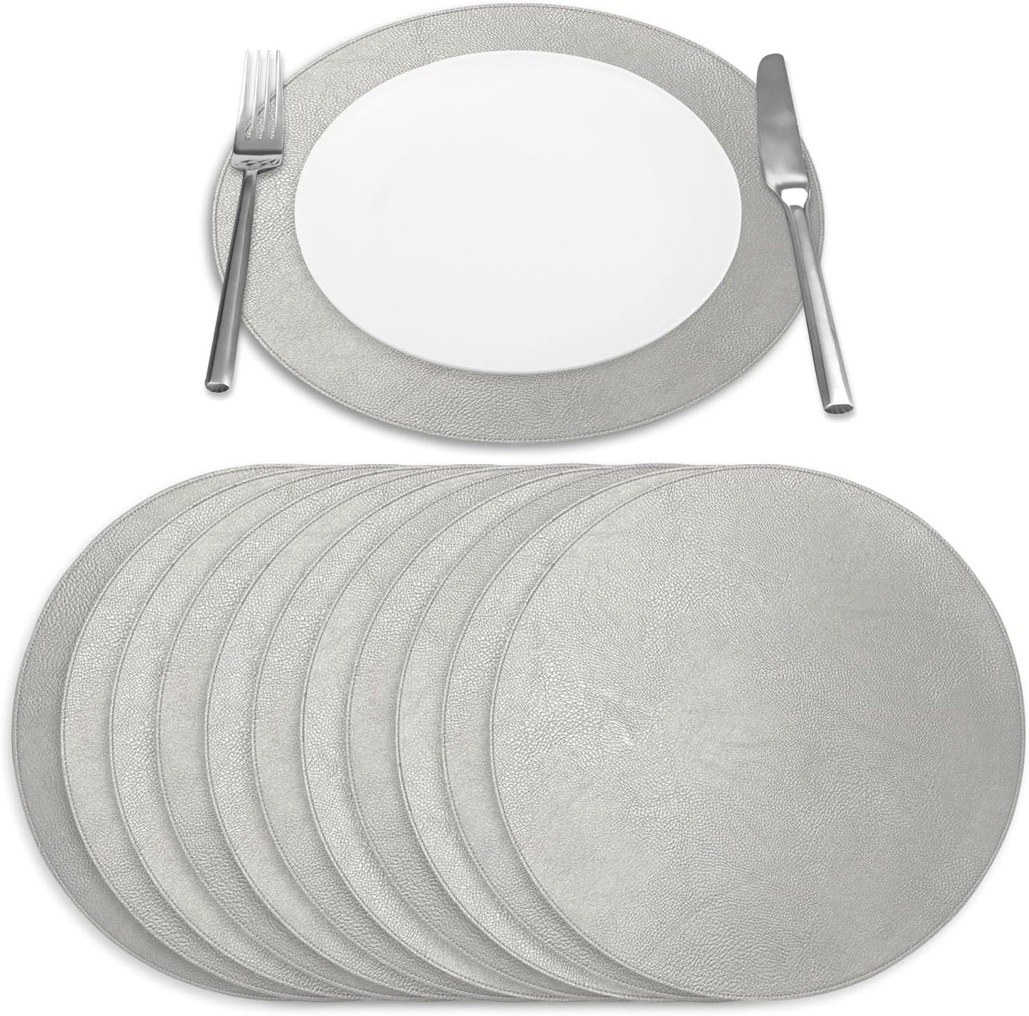 Morgan Faux Leather Round Placemats Set of 12, 15 in, Silver