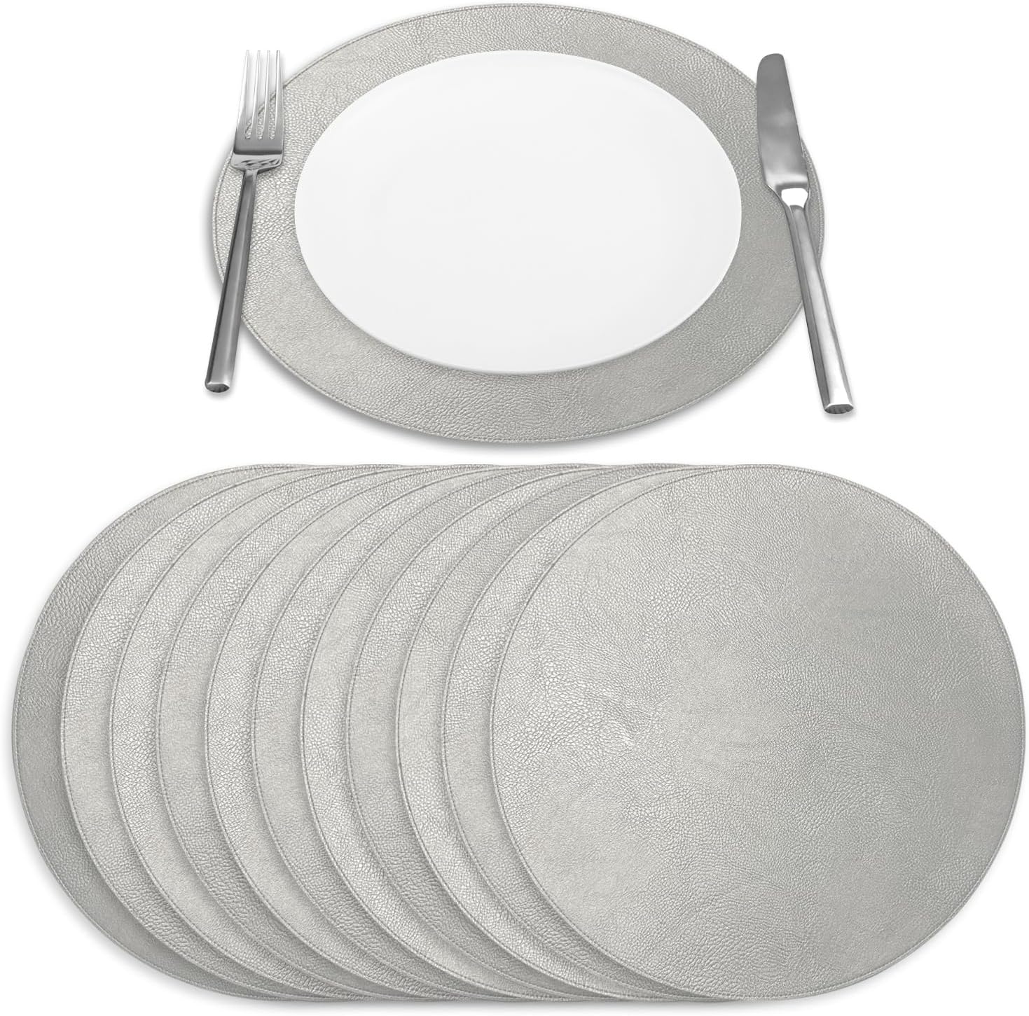 Morgan Faux Leather Round Placemats Set of 12, 15 in, Silver