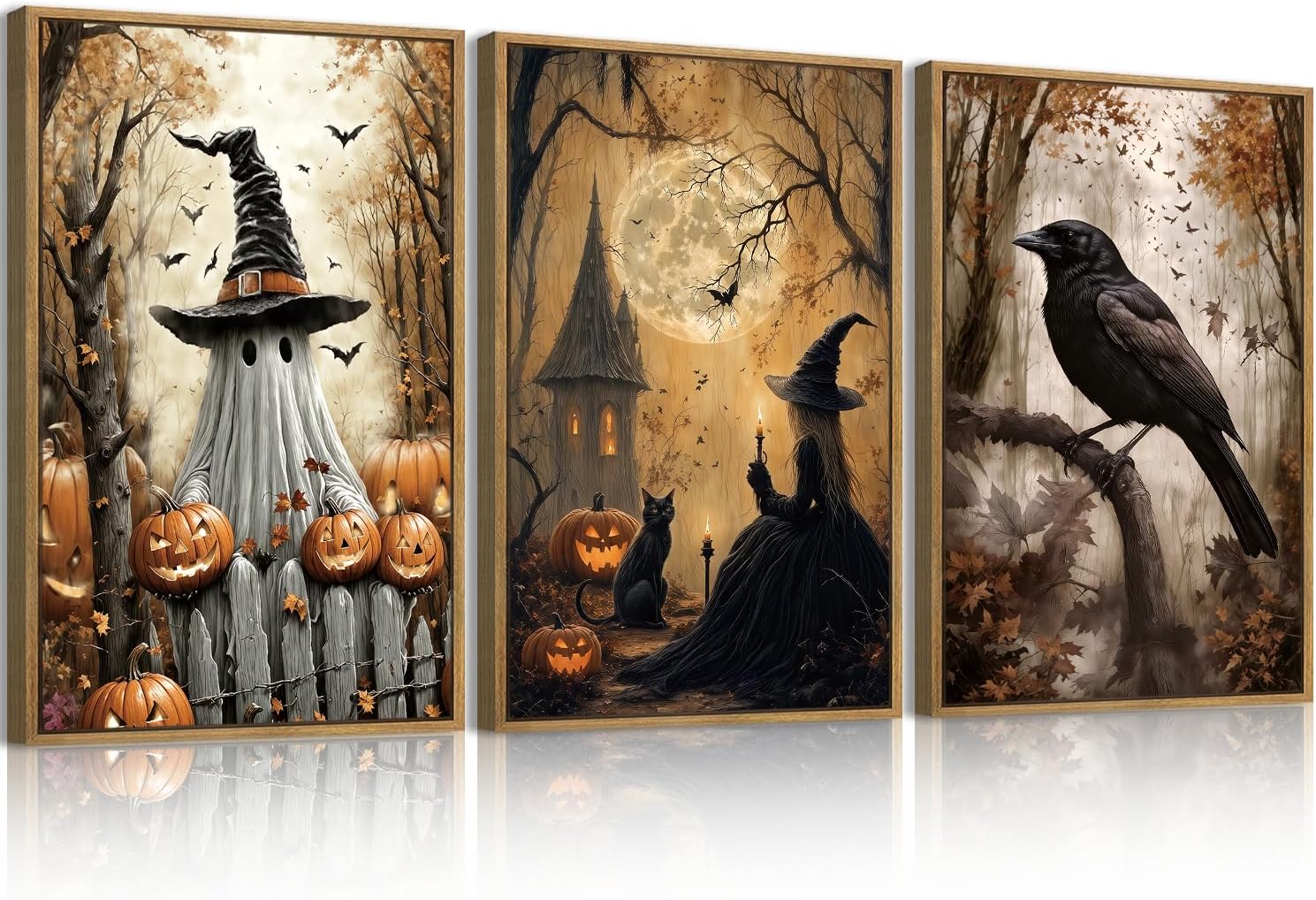 Large Vintage Halloween Wall Art Set with Spooky Ghosts and Cats