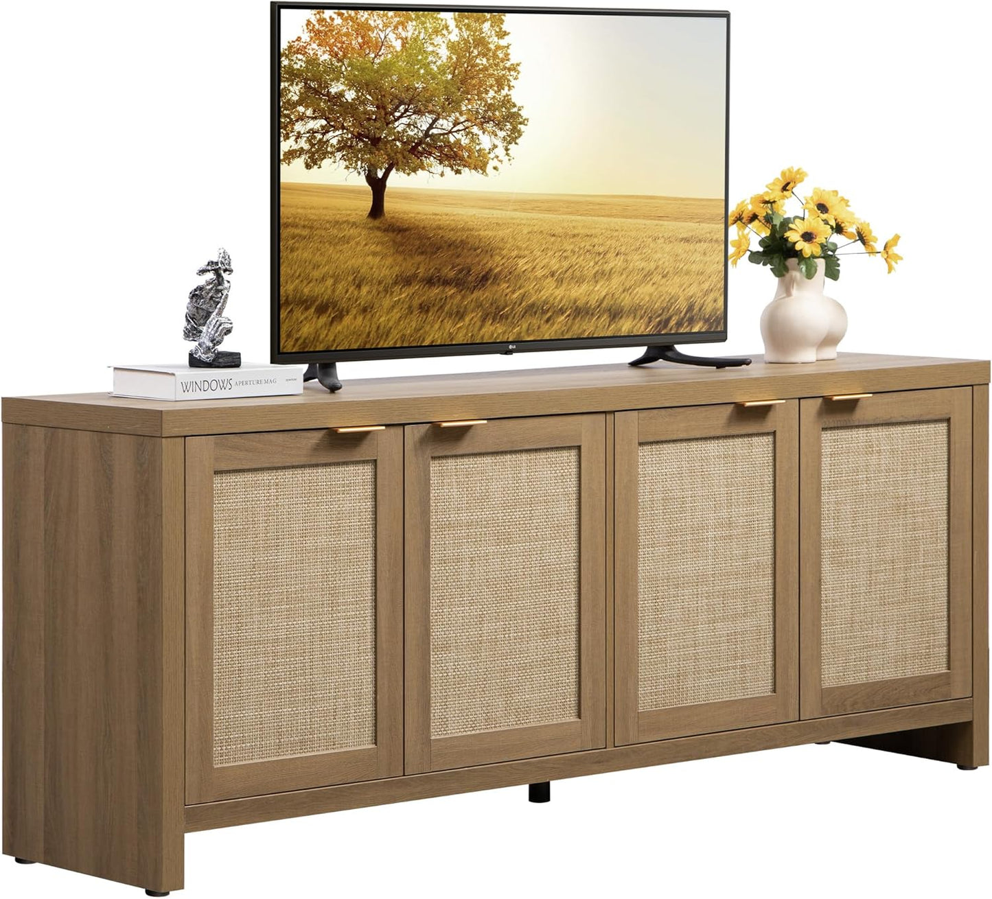Rattan TV Stand with 4 Cabinets - Farmhouse Style