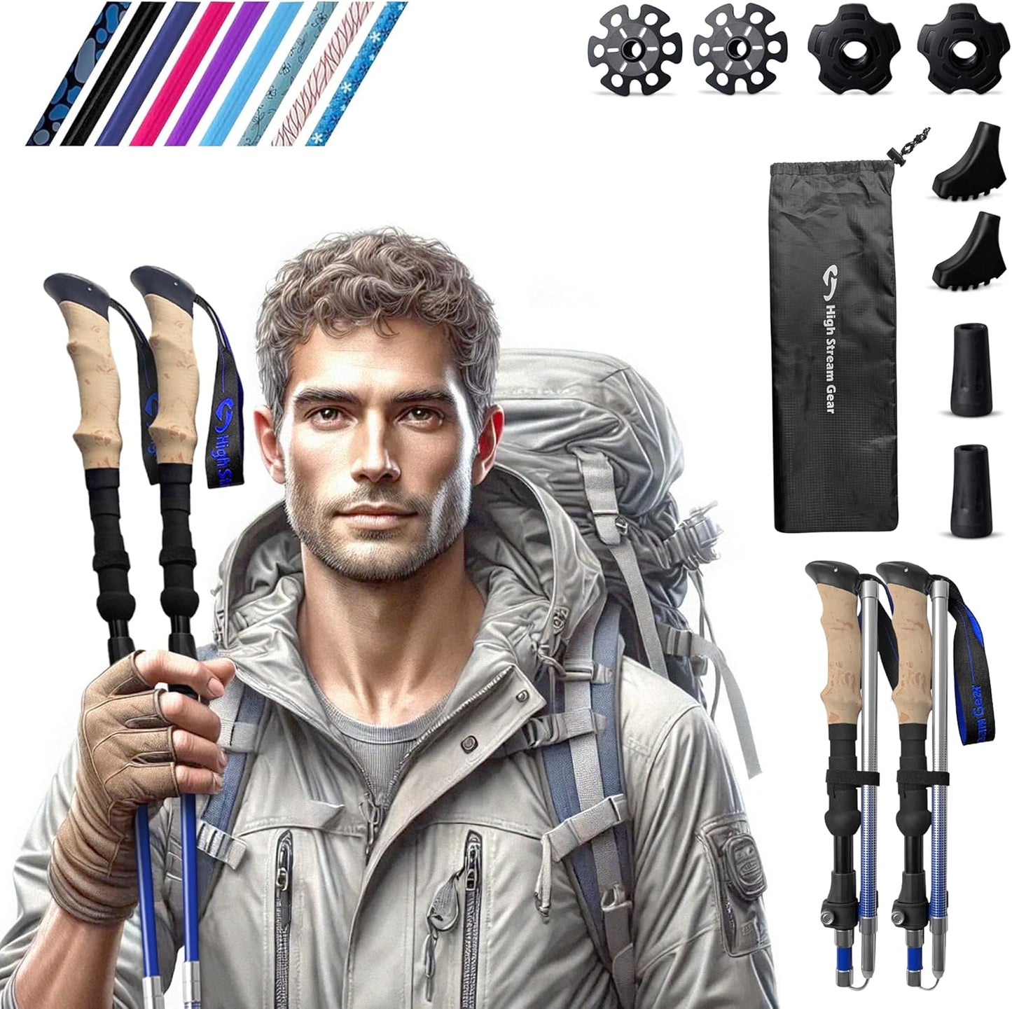 High Stream Gear Foldable Trekking Poles - Lightweight & Durable Set of 2 for Hiking, Exercising, Traveling