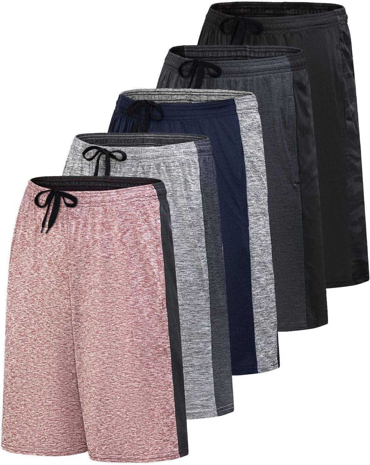 Real Essentials Mens 5 Pack 9in Dry-Fit Shorts for Activewear